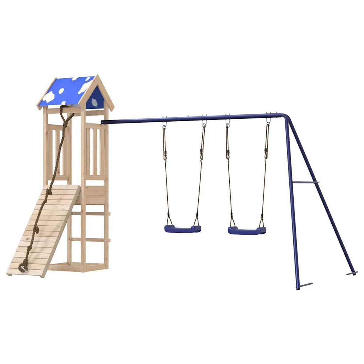 Ein Holzspielplatz mit Rutsche, Seil und Schaukel mit zwei blauen Schaukeln. Das Dach hat ein blaues Himmelsdesign.