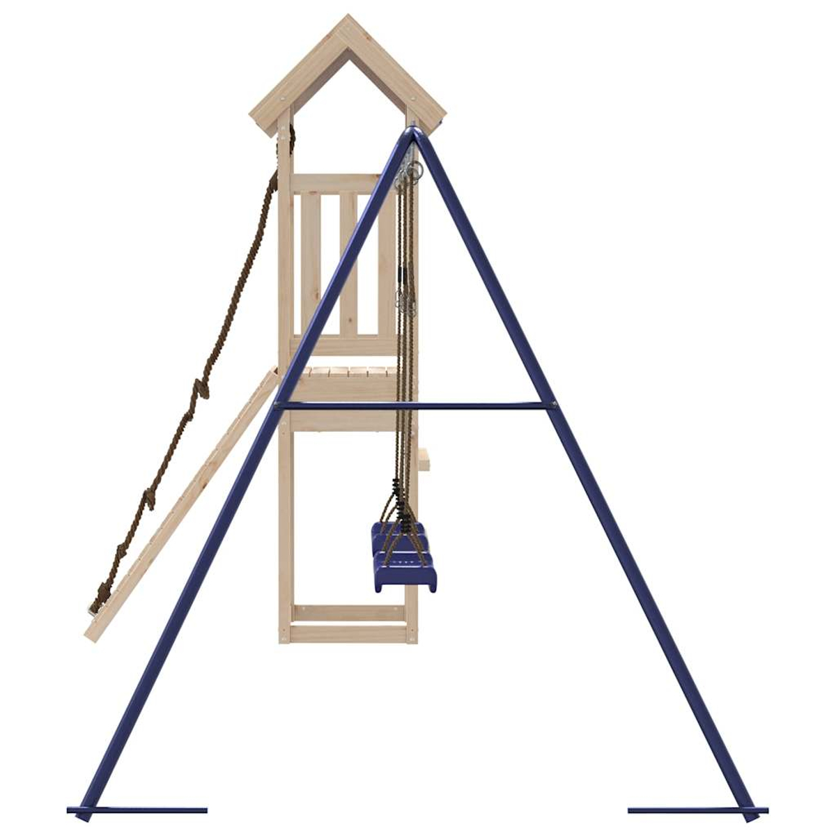 Ein hölzernes Spielplatzgerüst mit einem blauen Schaukelgestell. Mit Strickleiter, Rutsche und einer Schaukel mit blauem Sitz. Isoliert auf Weiß.