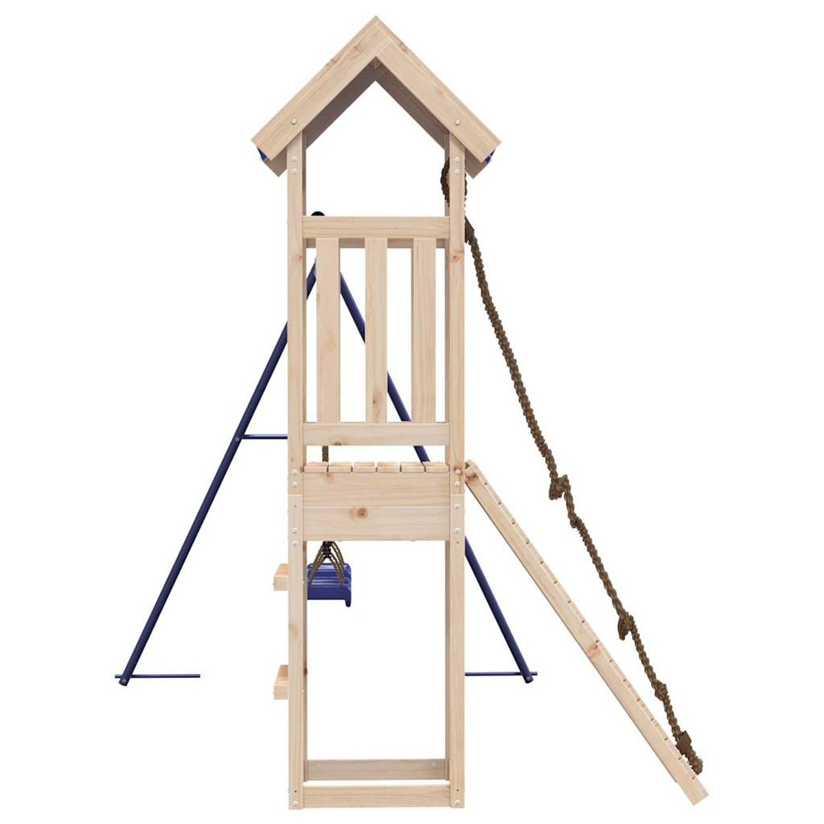 Spielplatz aus Holz mit Dach, Leiter, Seil und Schaukel. Er hat blaue Metallstützbalken. Der Hintergrund ist weiß.