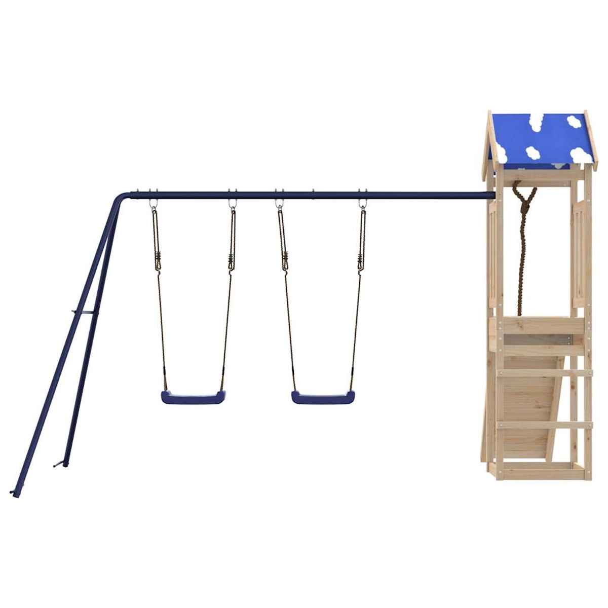 Ein blaues und hölzernes Spielset. Enthält zwei Schaukeln und einen Holzturm mit blauem Dach und weißen Wolken.
