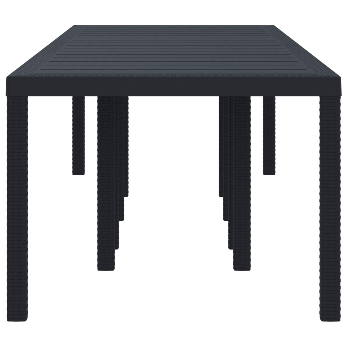 Ein dunkelgrauer rechteckiger Tisch mit acht Beinen, aus niedriger Perspektive gesehen. Der Tisch besteht aus gewebtem Material.