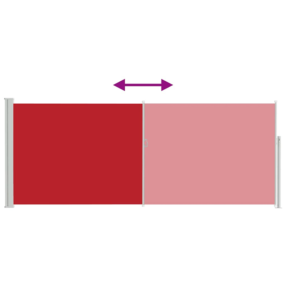 Ein einziehbarer Bildschirm mit einer roten Platte links und einer rosa Platte rechts. Ein Pfeil zeigt horizontale Bewegung an.