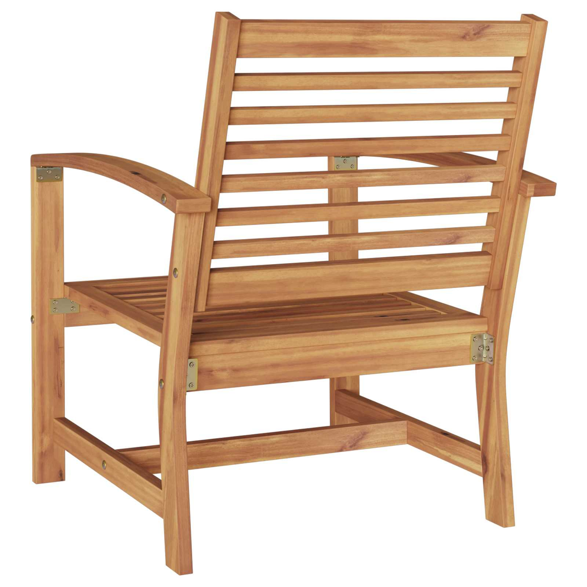 Ein Holzstuhl für den Außenbereich. Der Stuhl hat eine Lattenlehne und -sitz mit Armlehnen. Er besteht aus hellbraunem Holz.