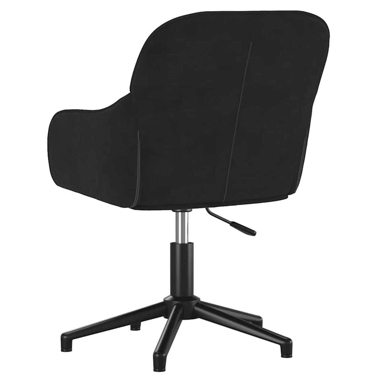 Schwarzer Bürostuhl von hinten. Er hat eine geschwungene Rückenlehne, Armlehnen und ein Fünf-Sterne-Gestell.
