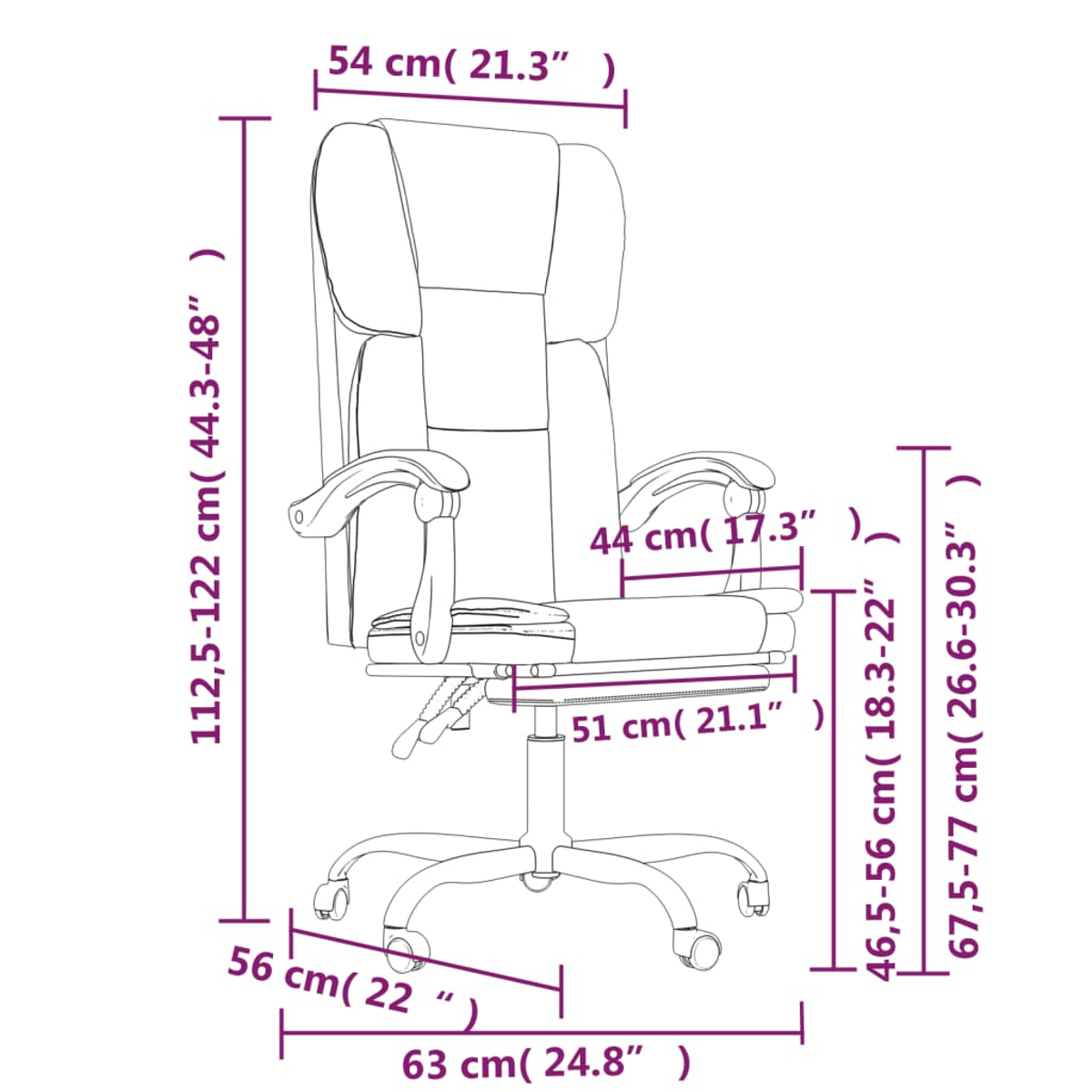 Diagramm eines Bürostuhls mit Abmessungen in cm und Zoll. Messungen umfassen Höhe, Breite und Tiefe des Stuhls.