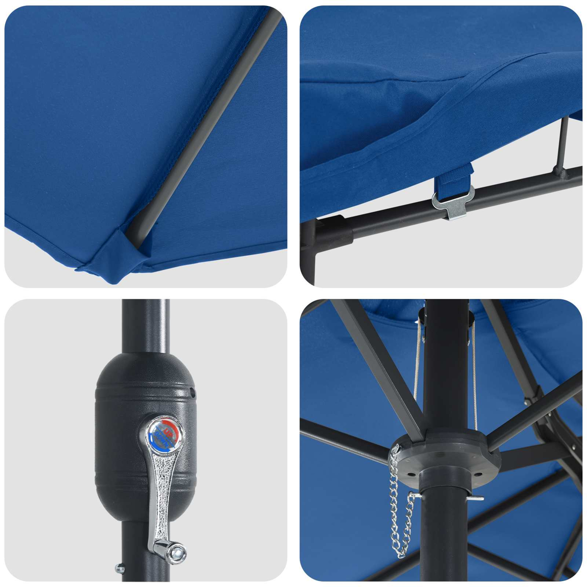 Primi piani di un ombrellone blu. I dettagli includono tessuto, telaio, manovella e catena metallica.