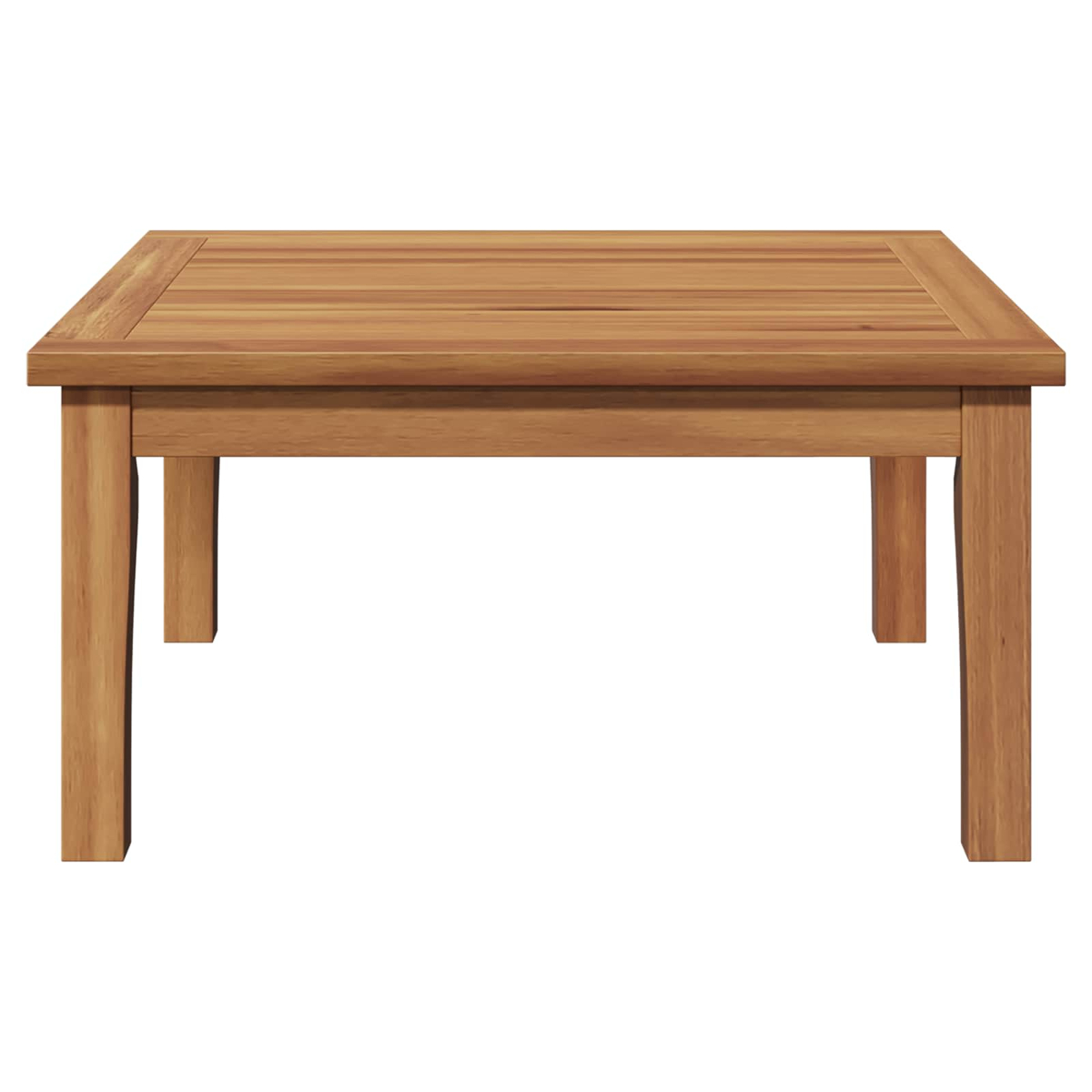Ein quadratischer Holztisch mit vier Beinen. Die Tischplatte und die Beine sind hellbraun. Der Hintergrund ist weiß.