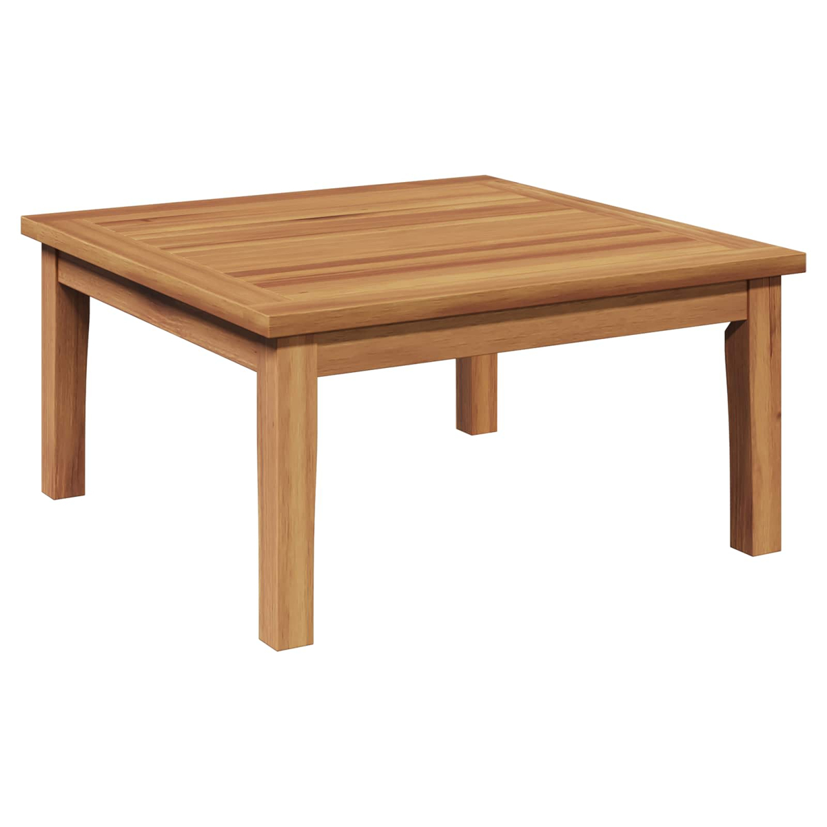 Ein quadratischer Holztisch mit vier Beinen. Die Tischplatte besteht aus Holzbrettern. Der Tisch ist hellbraun und steht auf weißem Hintergrund.
