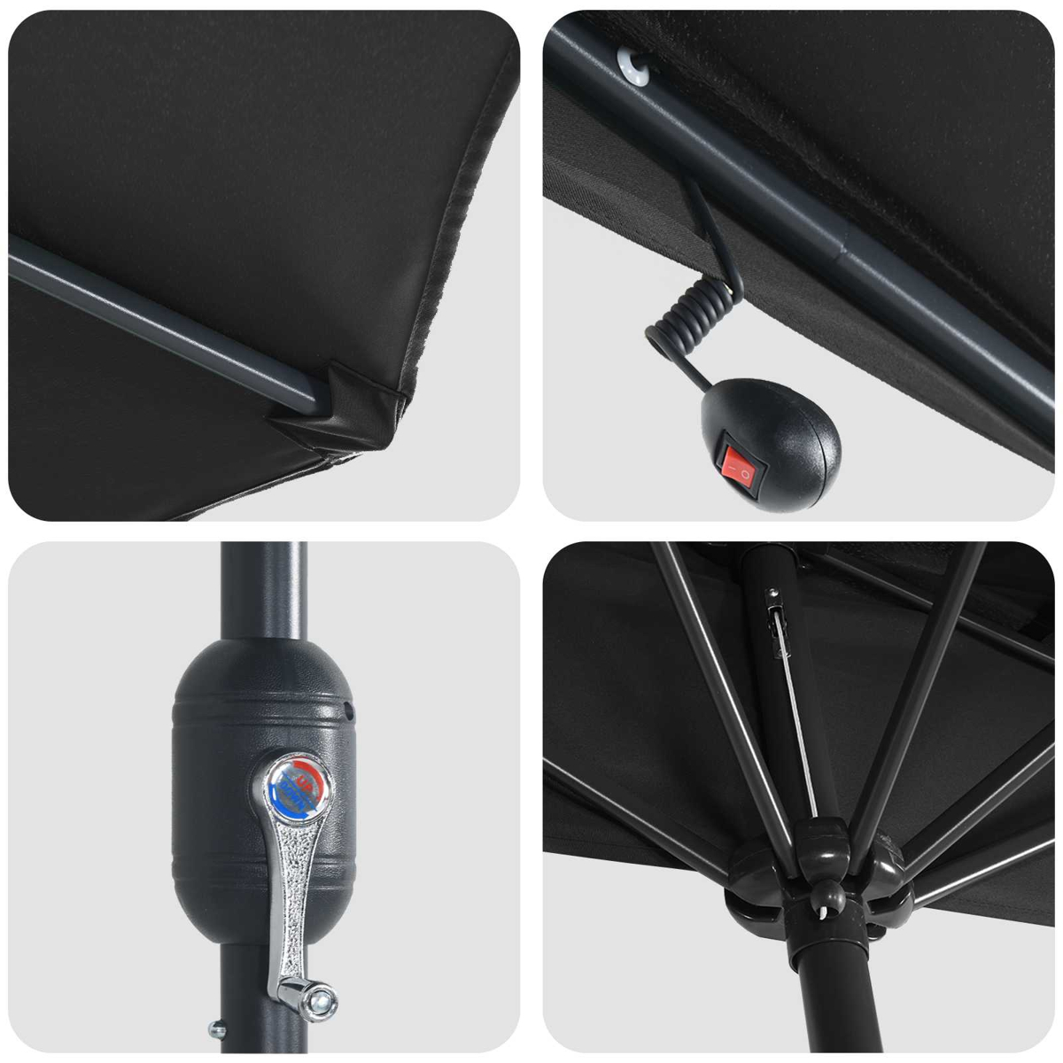 Primi piani di un ombrellone nero. Sezioni mostrano il tessuto, una manovella, un interruttore e i dettagli del telaio. Sono visibili componenti in metallo e plastica.