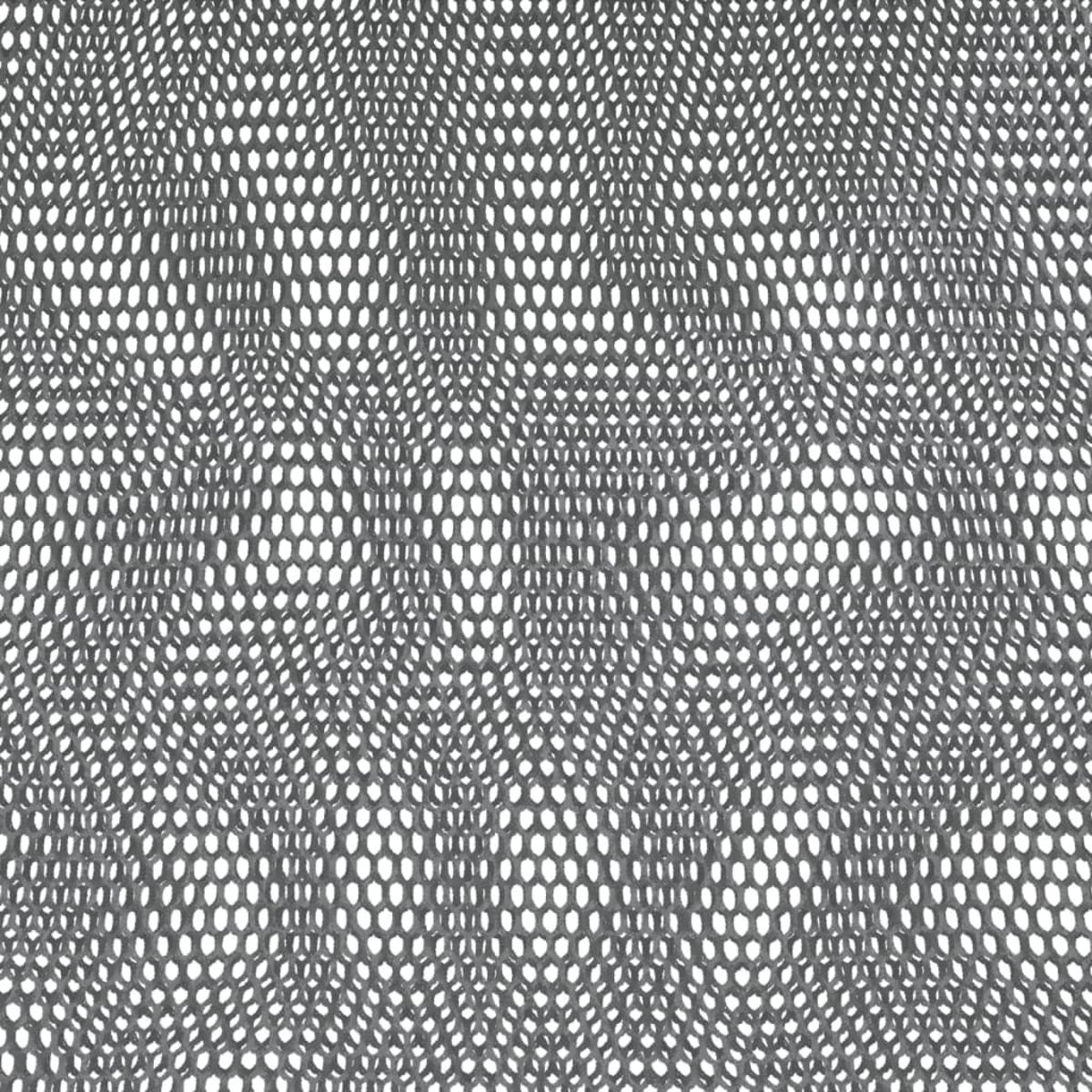 Ein graues Netzmuster mit ovalen und rautenförmigen Formen. Das Muster hat eine wellenförmige Textur vor weißem Hintergrund.