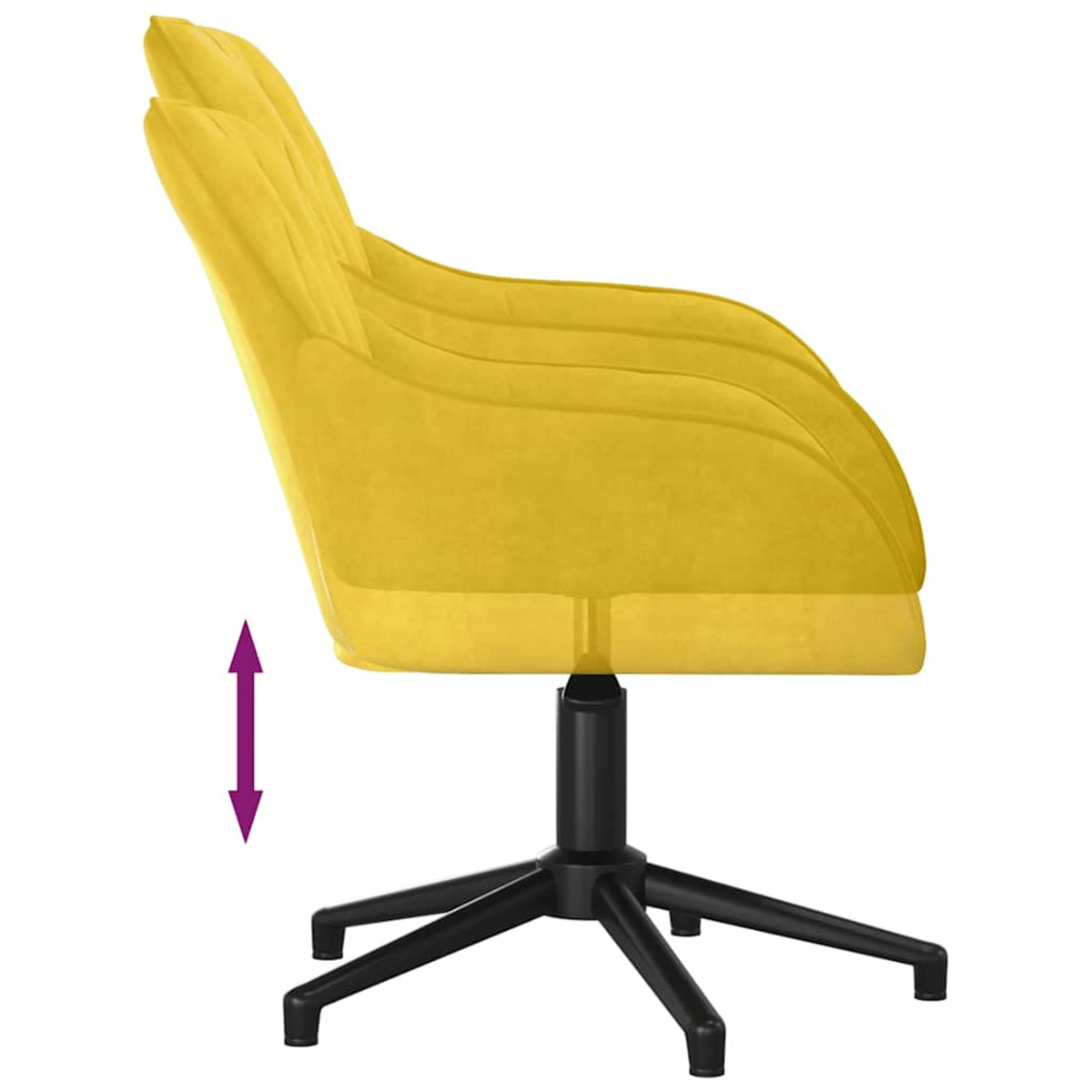 Ein gelber Bürostuhl mit schwarzem Gestell und Pfeil nach oben und unten. Der Stuhl hat eine gebogene Rückenlehne.