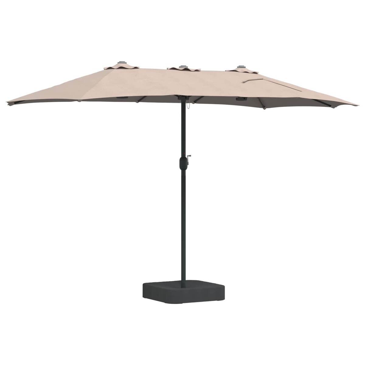 Un ombrellone da patio beige rettangolare con palo e base neri, su sfondo bianco.