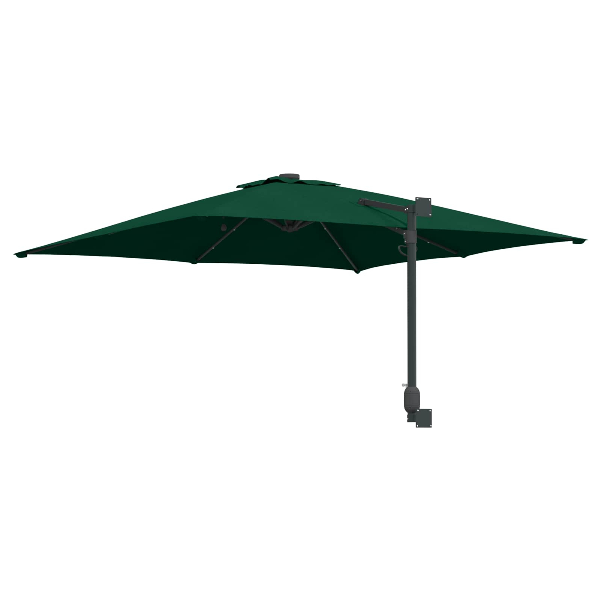 Un ombrellone verde rettangolare su sfondo bianco. L'ombrellone ha un palo di supporto grigio scuro.
