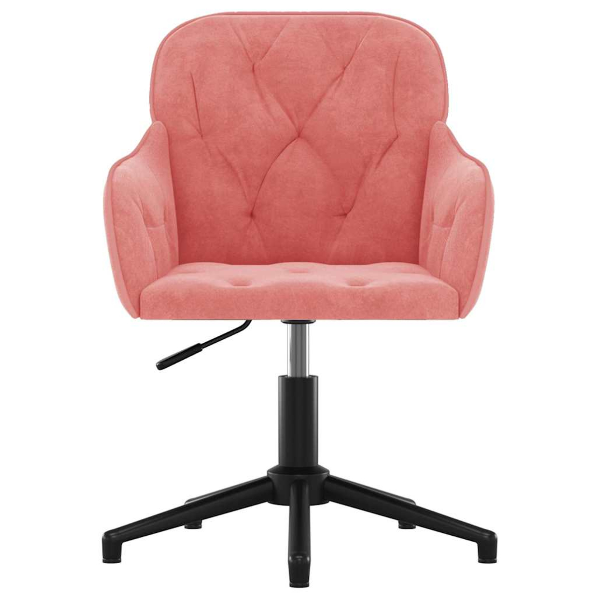 Ein rosa Samt-Bürostuhl mit schwarzem Gestell und höhenverstellbar. Der Stuhl hat eine gesteppte Rückenlehne und Armlehnen.