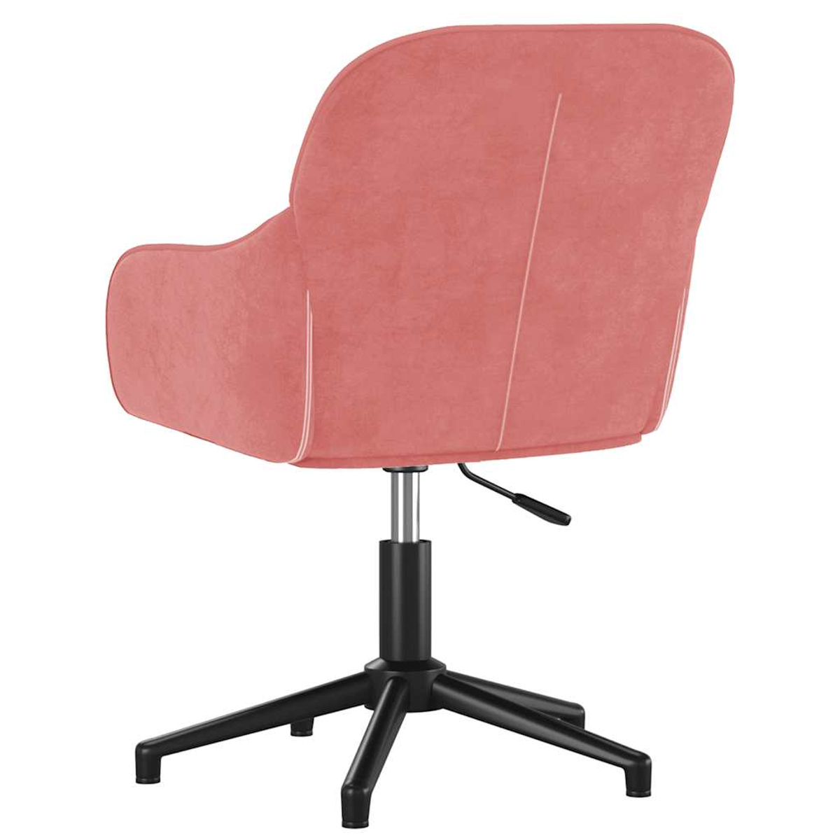 Ein rosa Samt-Bürostuhl. Der Stuhl hat ein schwarzes Gestell und einen Hebel zur Höhenverstellung. Die Rückenlehne hat eine weiße Naht.