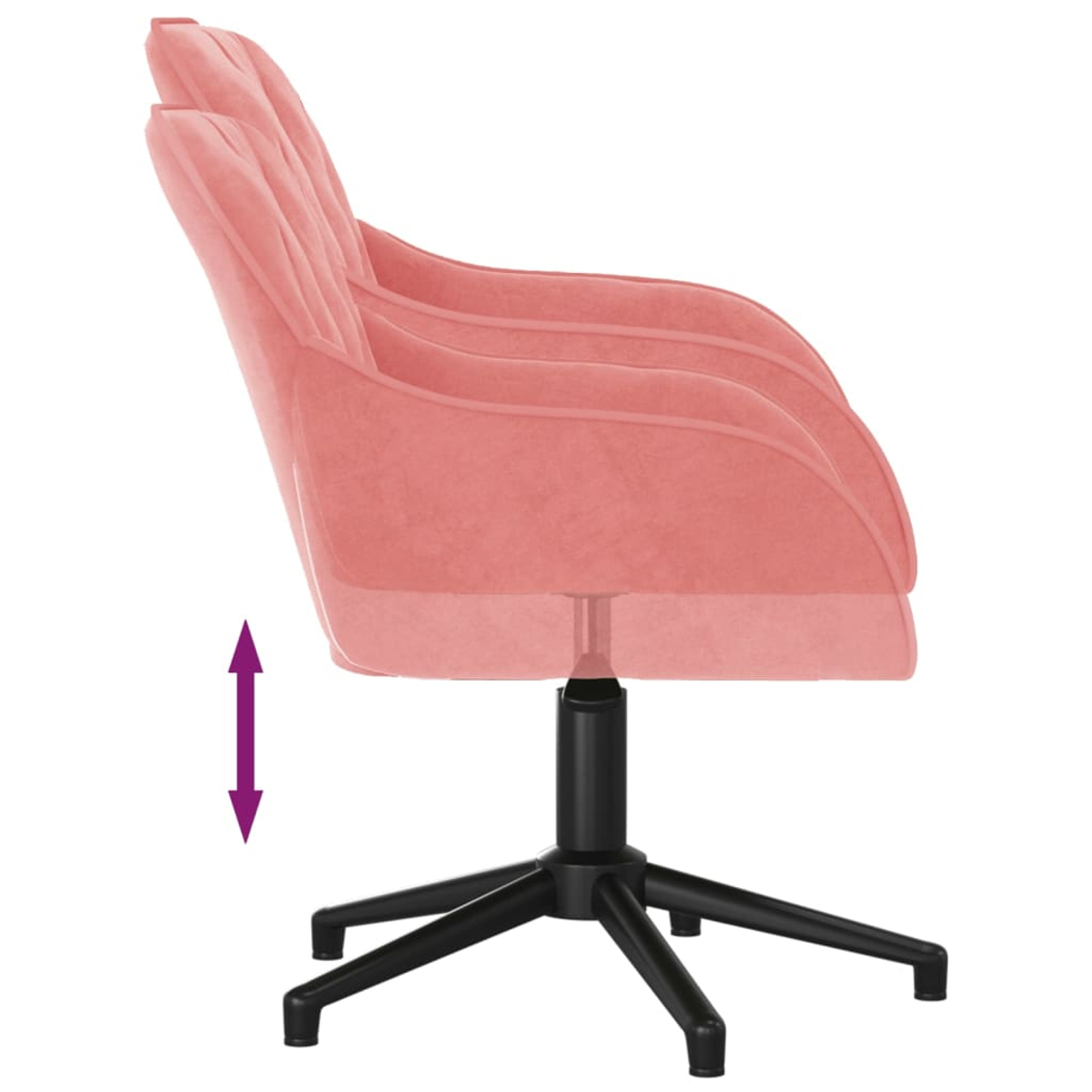 Ein rosa Bürostuhl mit schwarzem Gestell. Ein Pfeil zeigt die Verstellbarkeit an. Der Stuhl hat eine gebogene Rückenlehne und Armlehnen.