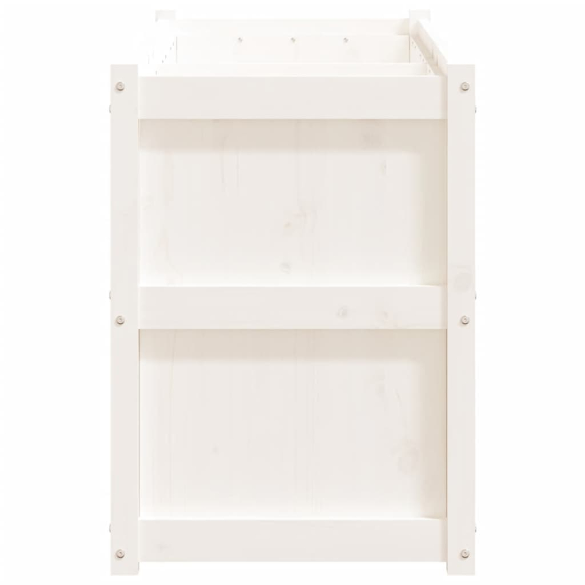 Eine weiße Holzstruktur, möglicherweise ein Regal oder ein kleiner Schrank, mit rechteckigen Rahmen und horizontalen Brettern. Sichtbare Schrauben.