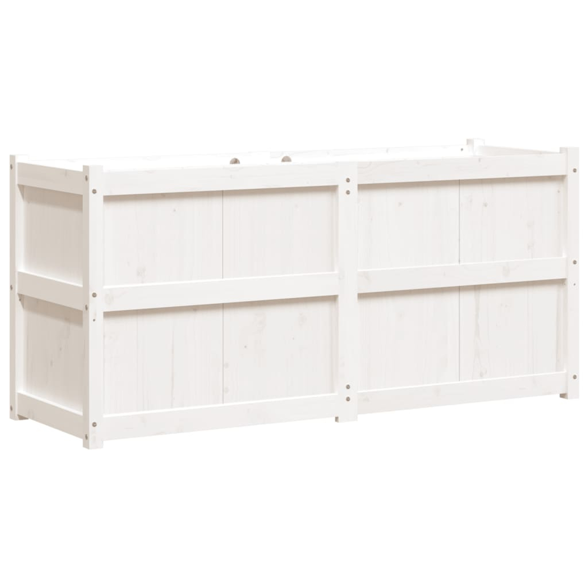 Ein weißer Holzschrank, rechteckig, vor weißem Hintergrund. Er hat ein einfaches Design mit horizontalen Balken.