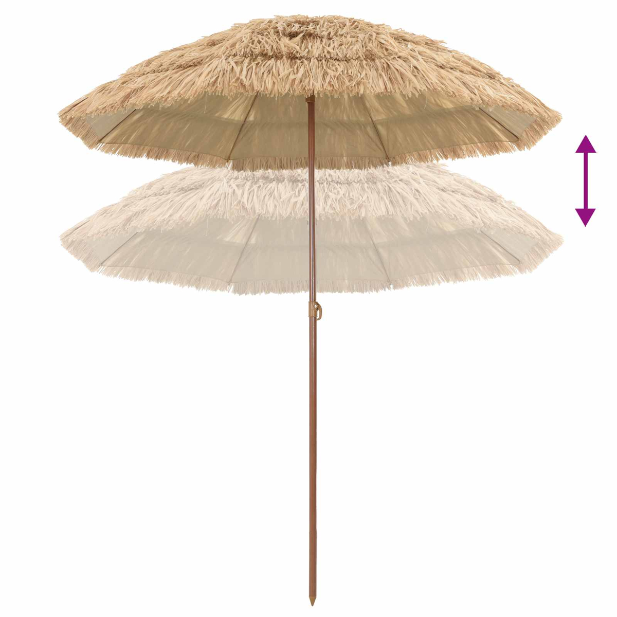 Un ombrellone da spiaggia beige con bordo a frange è mostrato. Ha un palo di legno ed è parzialmente aperto, con un secondo ombrellone simile sotto.