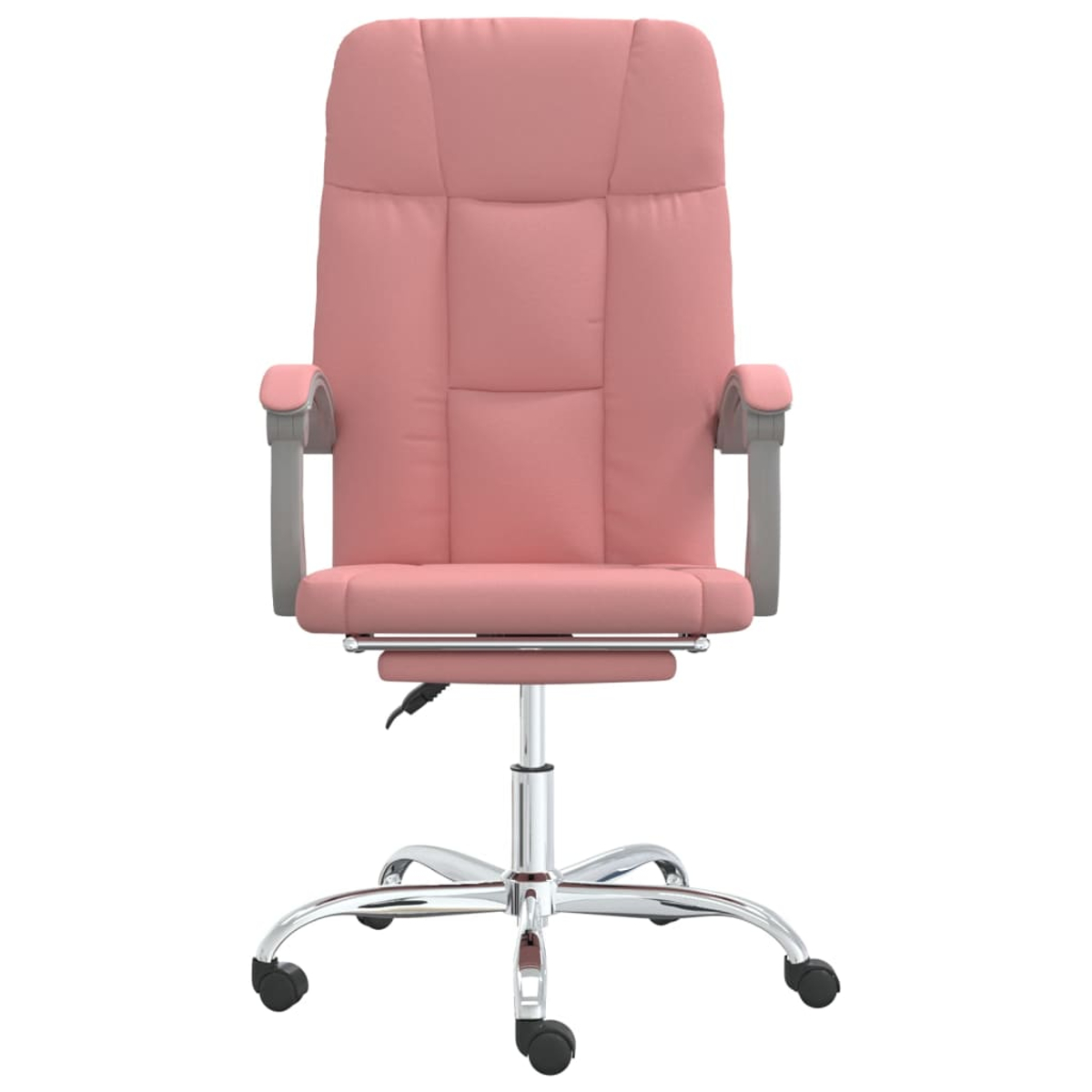 Ein rosa Bürostuhl auf weißem Hintergrund. Er hat eine hohe Rückenlehne, Armlehnen und ein Chromgestell mit Rädern.