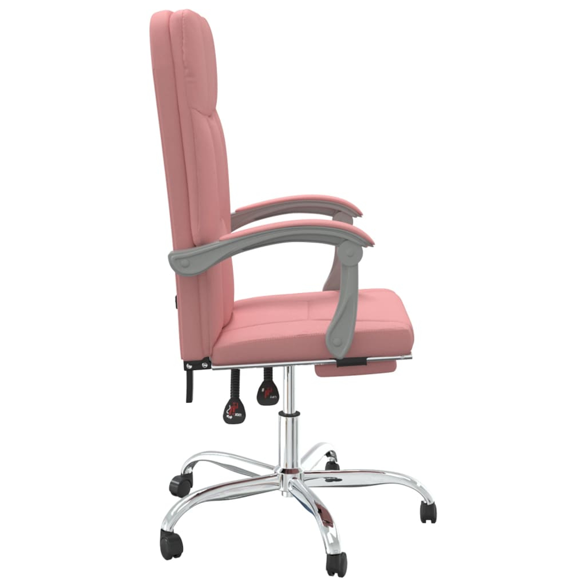 Ein pinkfarbener Bürostuhl mit grauen Armlehnen. Er hat eine hohe Rückenlehne, ein Chromgestell mit Rollen und schwarze Verstellhebel.