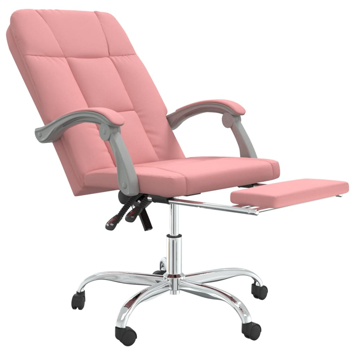 Ein rosa Bürostuhl mit Fußstütze. Er hat ein verchromtes Gestell und Armlehnen. Der Stuhl steht vor weißem Hintergrund.