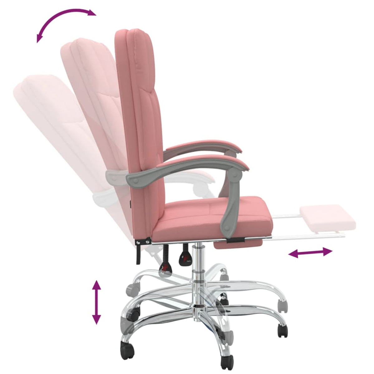 Ein rosa Bürostuhl mit verstellbarer Rückenlehne, Armlehnen und Fußstütze. Pfeile zeigen verstellbare Funktionen.