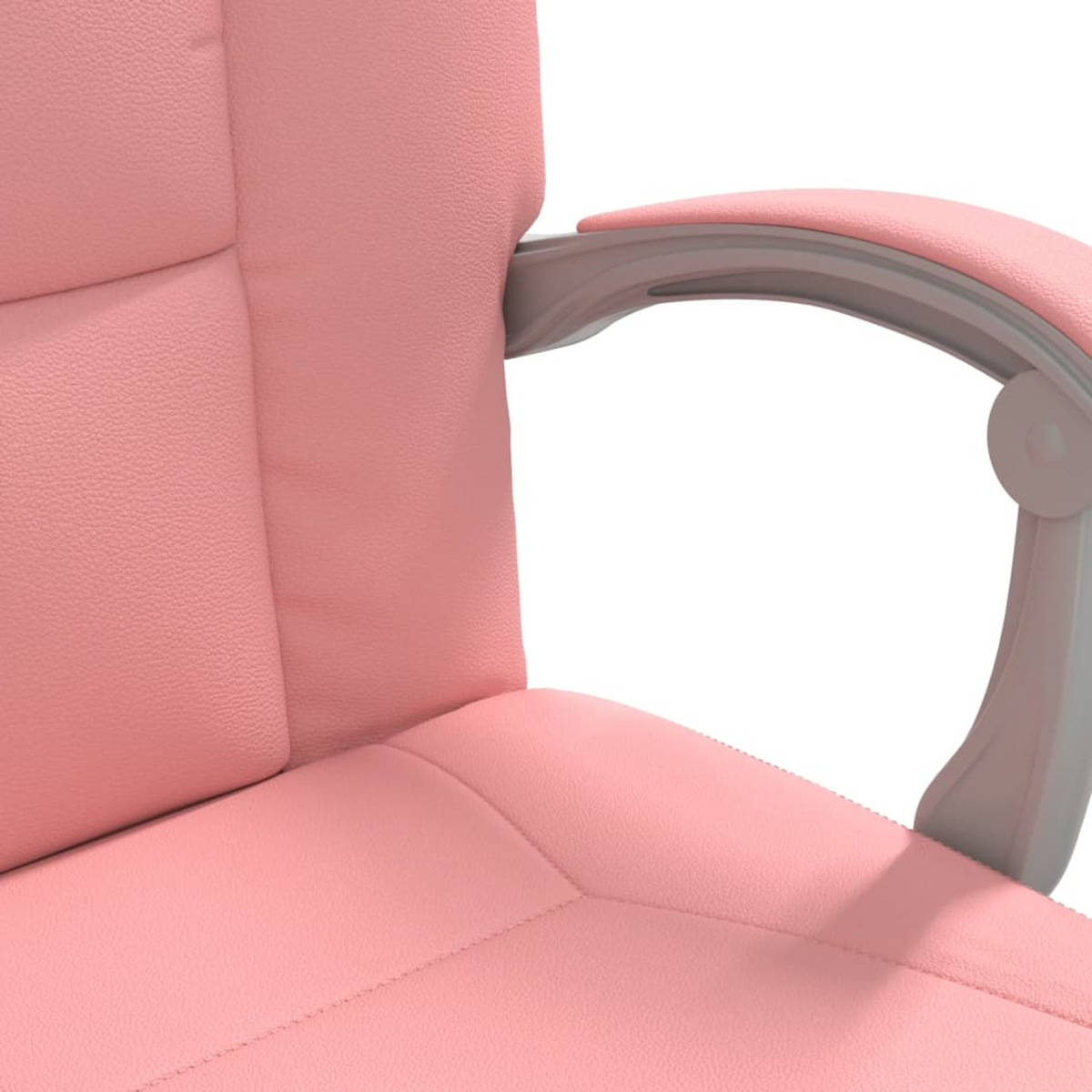 Nahaufnahme eines rosa Bürostuhls. Die Armlehne ist hellgrau. Die Oberfläche des Stuhls hat eine strukturierte Erscheinung.