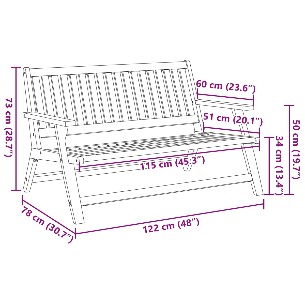 Una panchina da giardino in legno con dimensioni etichettate, tra cui altezza, larghezza e profondità. La panchina ha una seduta e uno schienale a doghe.