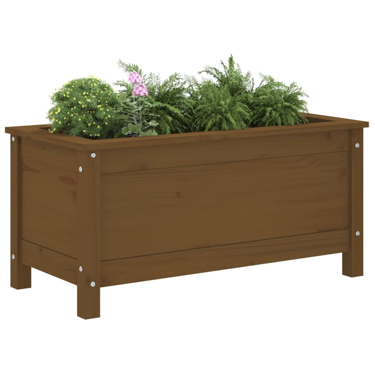 Braune Holzkasten-Pflanzkasten mit grünen und rosa Pflanzen. Die Kiste ist rechteckig und hat Beine.