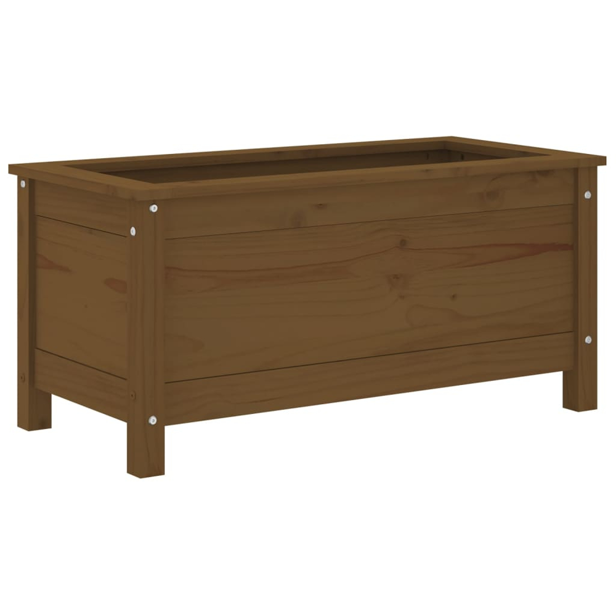 Eine braune, rechteckige Holzpflanzkasten. Er hat vier Beine und ist aus Holzplanken gebaut. Sichtbare Schrauben sichern den Rahmen.