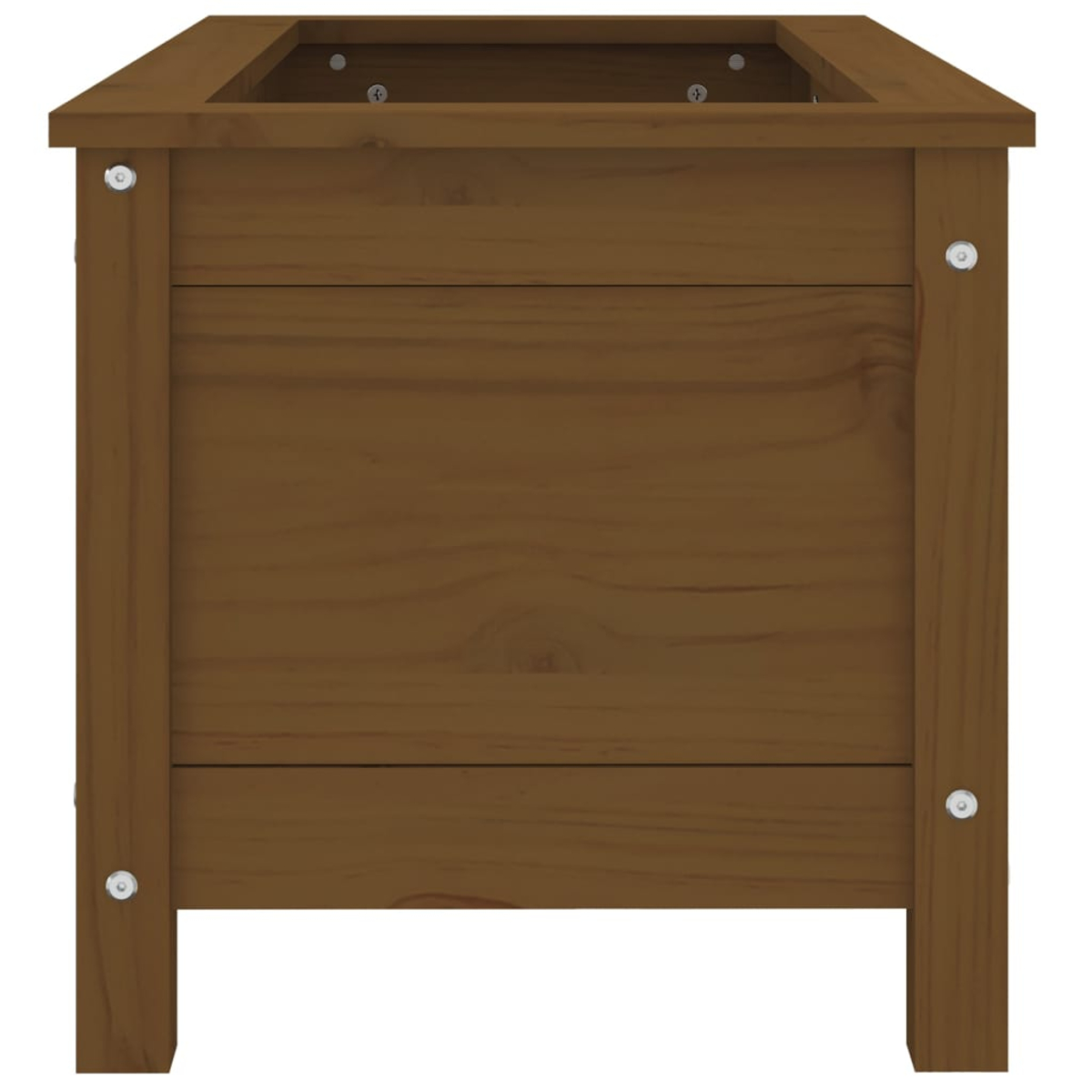 Eine braune Holzpflanzkasten wird gezeigt. Die Box hat eine rechteckige Form mit vier Beinen. Schrauben sind an den Seiten sichtbar.
