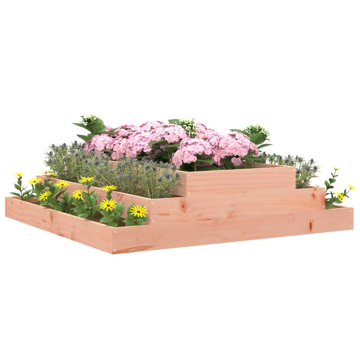 Gestufter Holzpflanzer mit rosa Hortensien, lila Blumen und gelben Blumen, vor weißem Hintergrund.