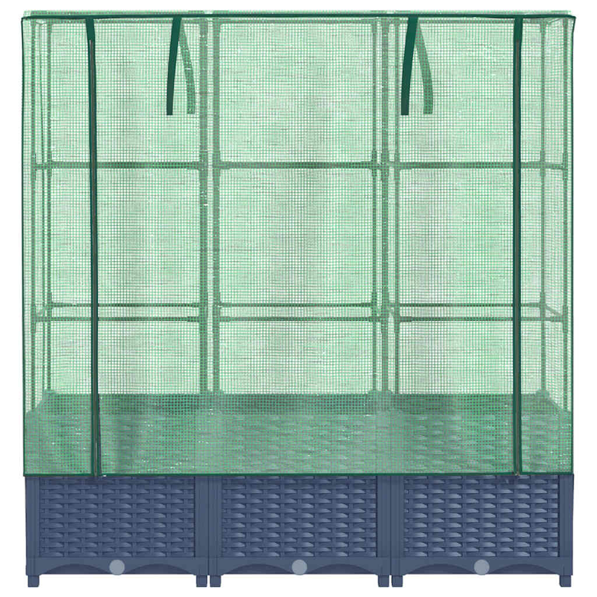 Una serra verde con base blu scuro. Ha una copertura a rete e diversi ripiani per le piante.