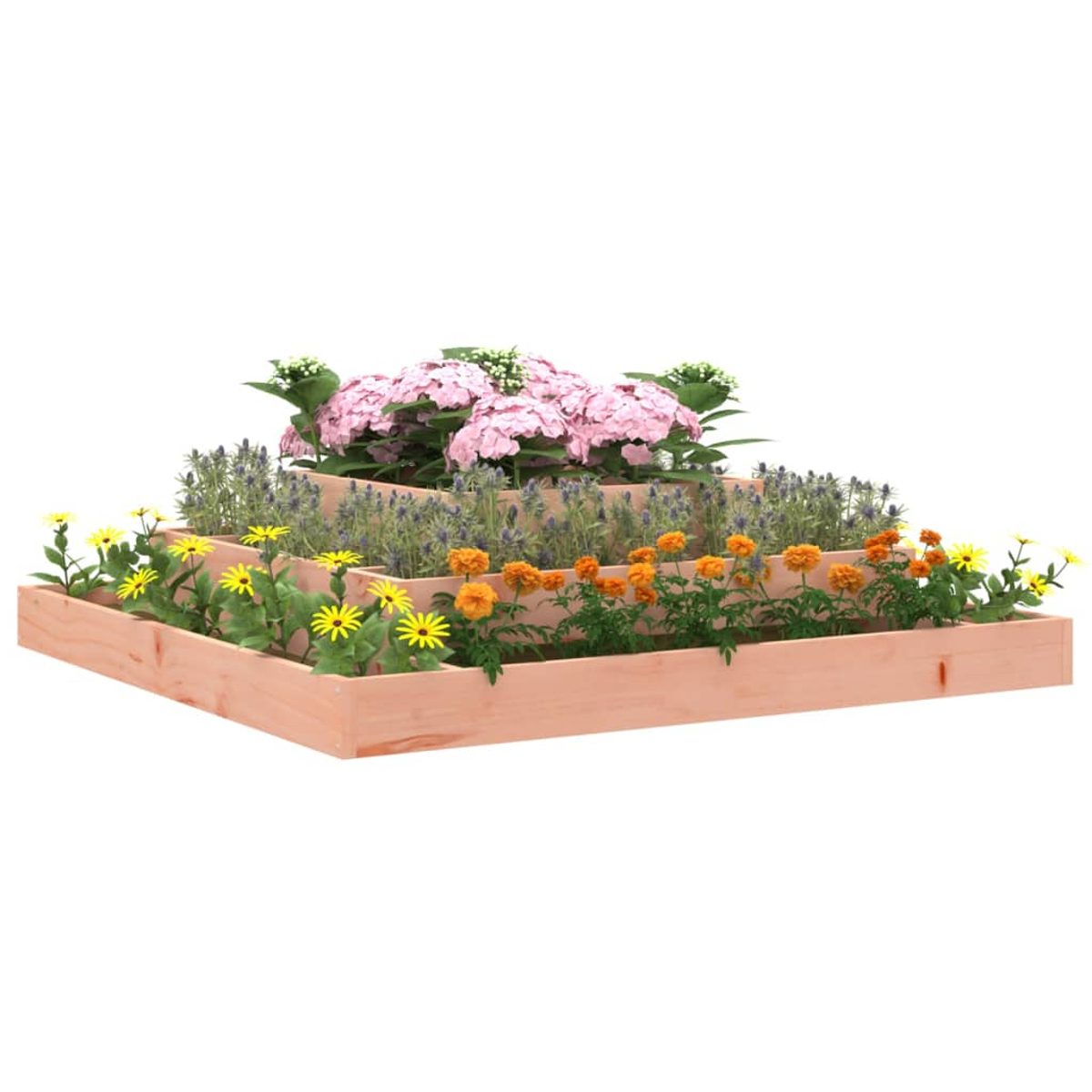 Ein mehrstufiger Holzpflanzer mit Blumen: gelb, orange und rosa. Der Hintergrund ist weiß.