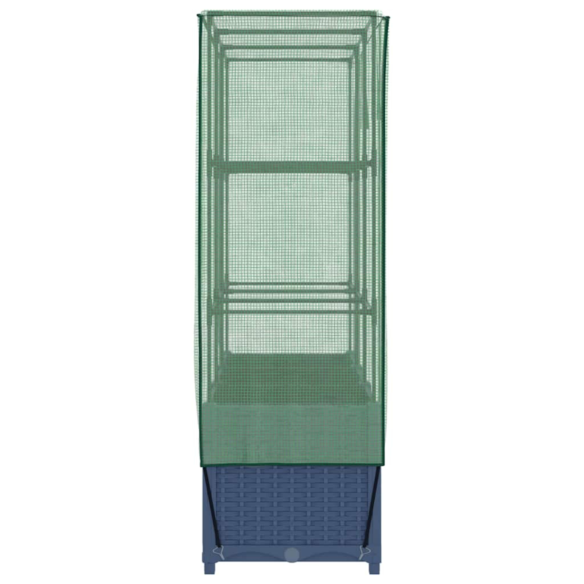 Una serra alta e rettangolare con una copertura a rete verde. Ha una base blu con un motivo intrecciato e tre ripiani interni.