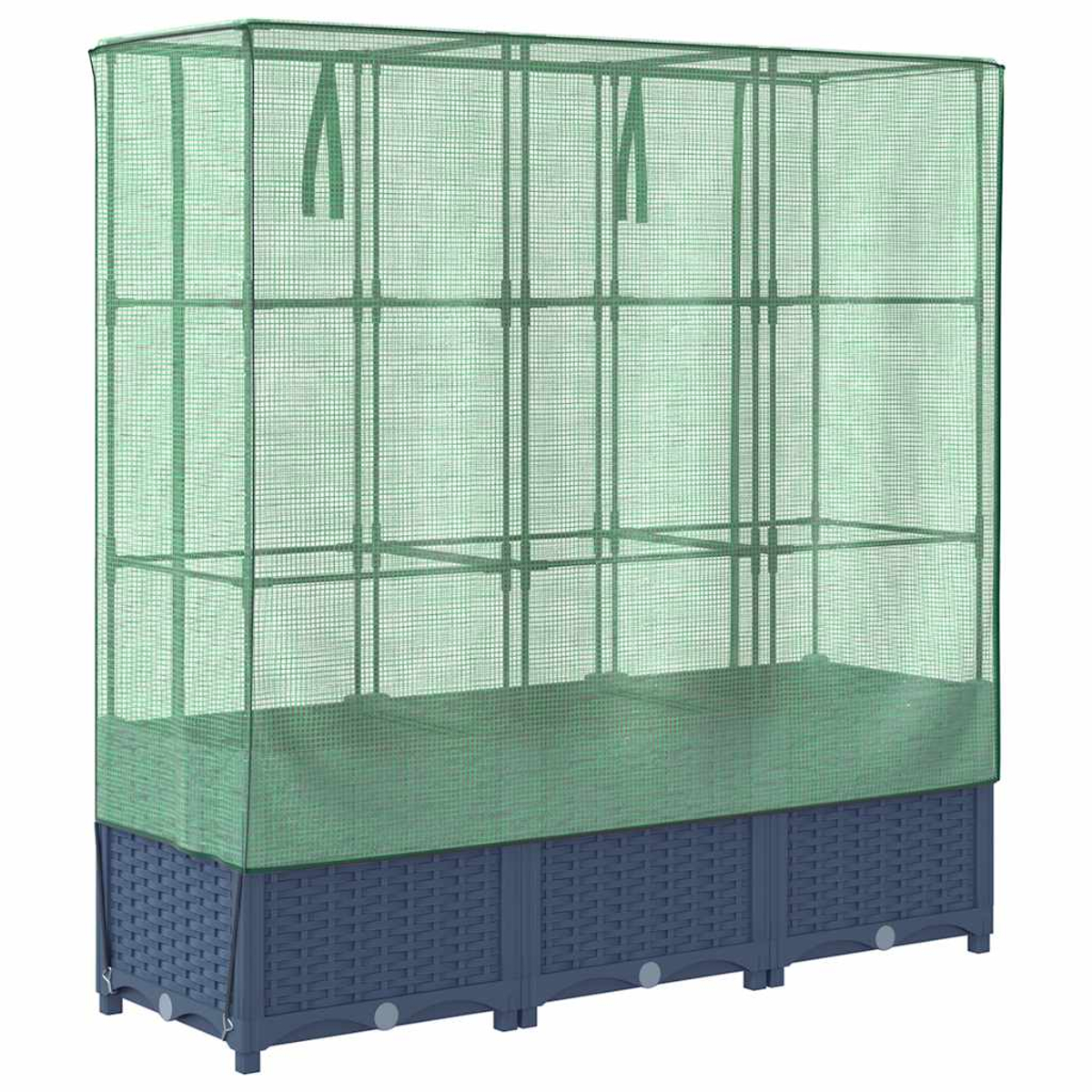 Una serra a rete verde con base blu scuro. Ha forma rettangolare, ripiani interni e una copertura.