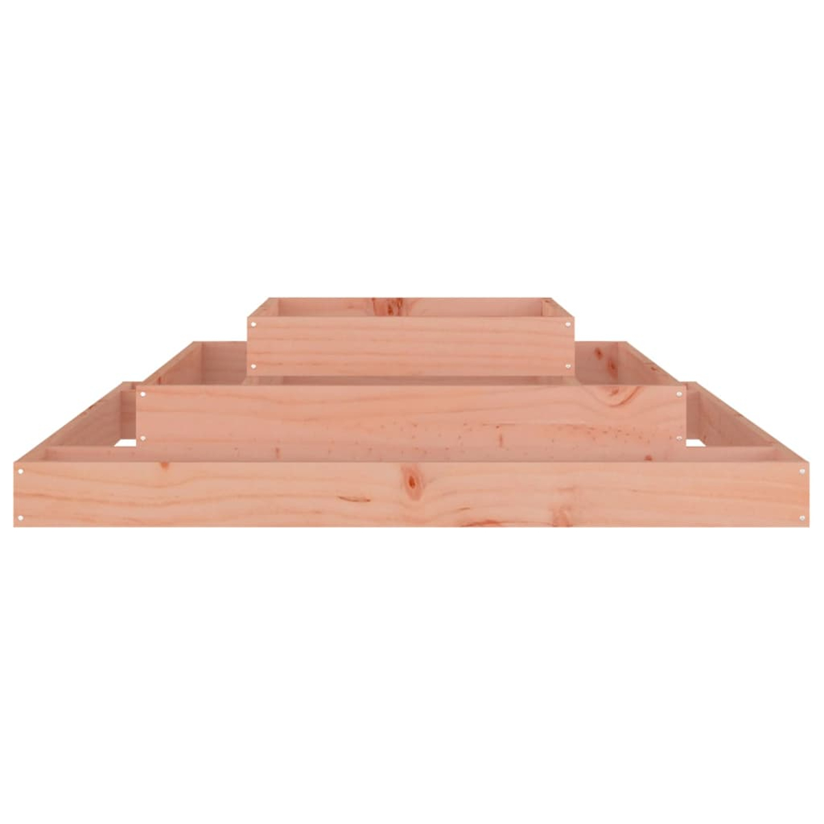 Dreistufige Holzkonstruktion, wahrscheinlich ein Pflanzkasten. Hellbraunes Holz mit sichtbarer Maserung. Leere, gestapelte Boxen.