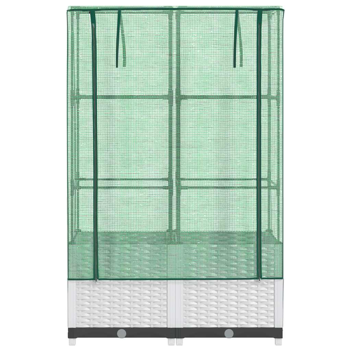 Una serra verde con base bianca e grigia. Il telaio è verde scuro. La copertura è in rete verde.