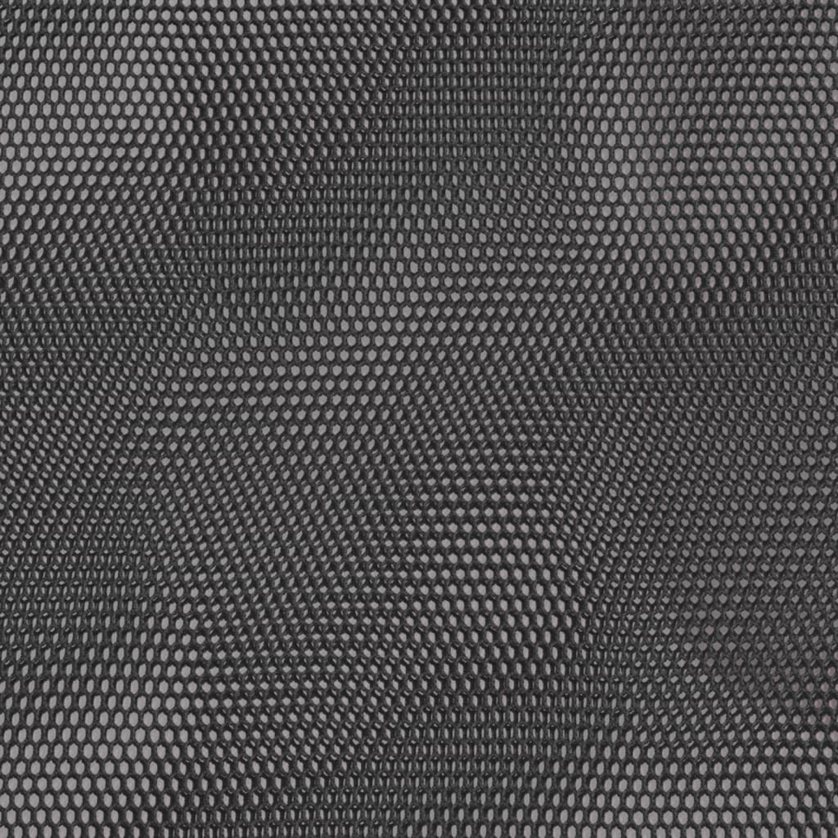 Nahaufnahme eines schwarzen Mesh-Stoffs. Das Mesh hat ein kleines, gleichmäßig verteiltes Lochmuster auf grauem Hintergrund.