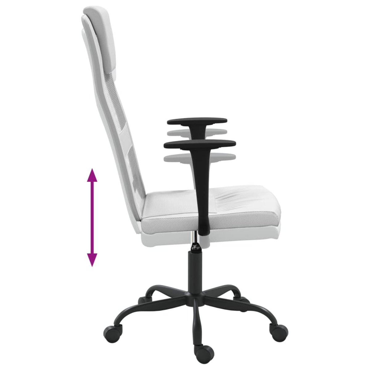 Seitenansicht eines Bürostuhls. Er hat eine weiße Rückenlehne und einen Sitz. Schwarze Armlehnen, Basis und Räder. Lila Pfeil zeigt Höhenverstellung an.
