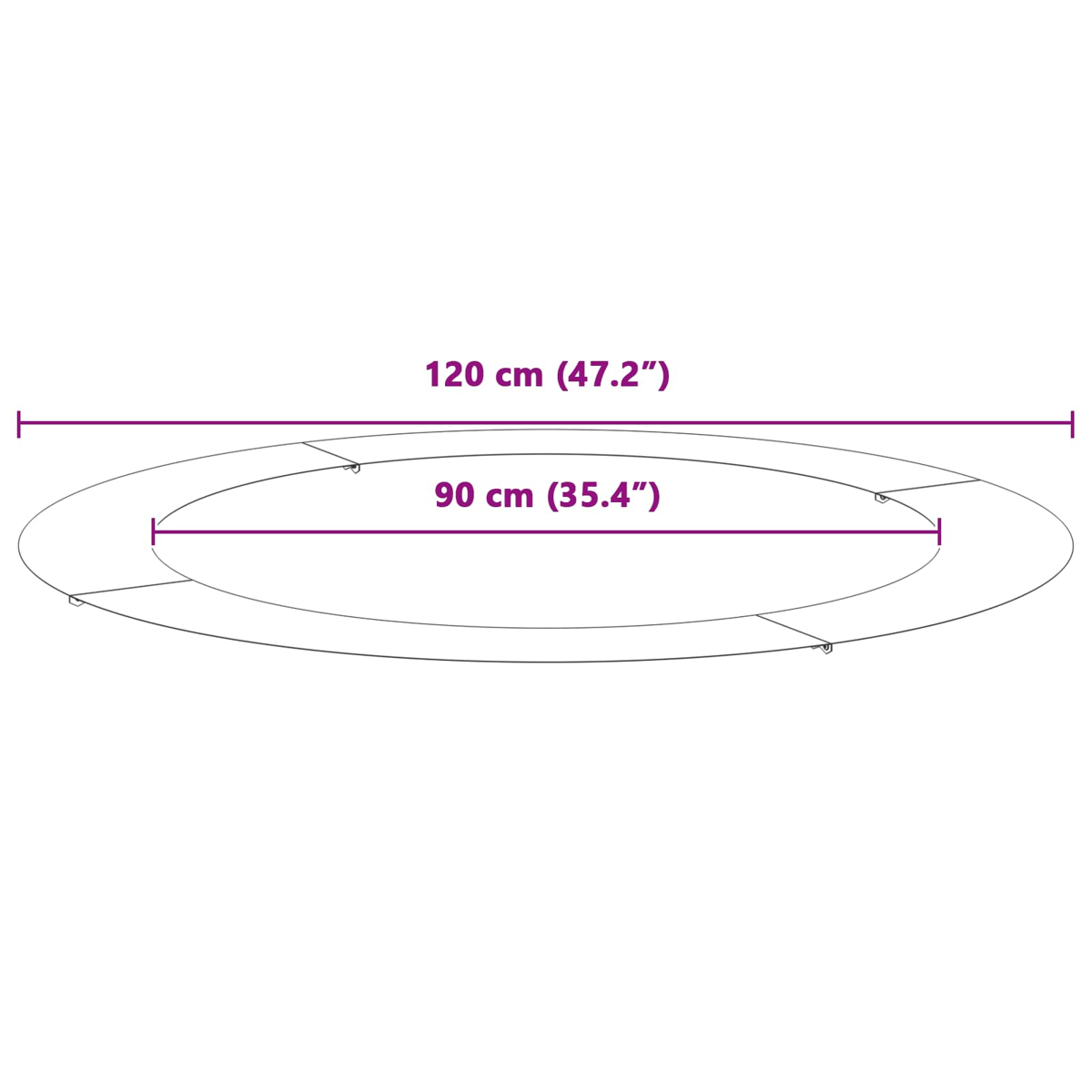 Diagramm einer ovalen Form. Das äußere Oval ist 120 cm, das innere 90 cm. Beide Maße sind in Zentimetern und Zoll angegeben.