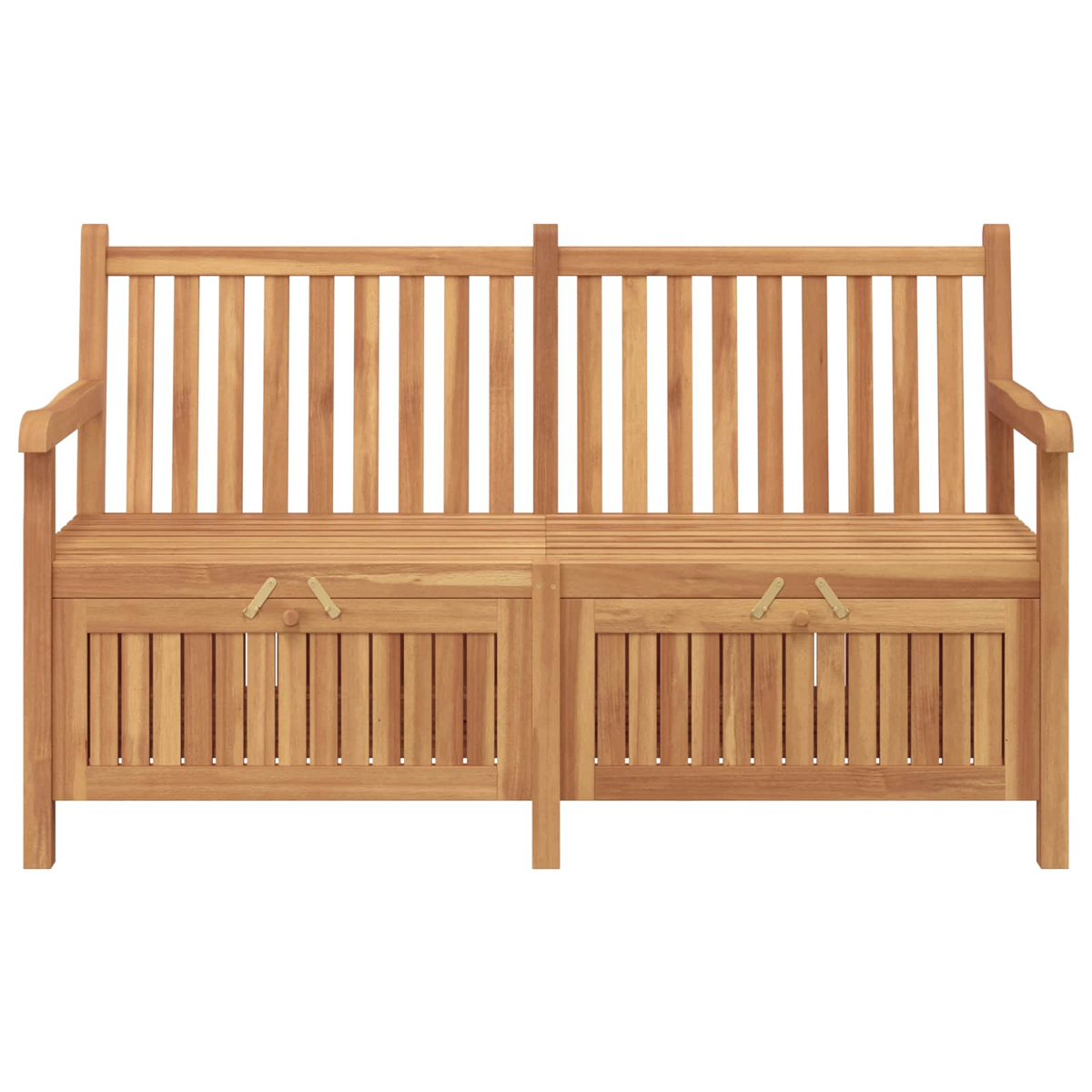 Eine Holzbank mit Lattenrücken und Staufächern unter dem Sitz. Sie hat Armlehnen und eine hellbraune Farbe.
