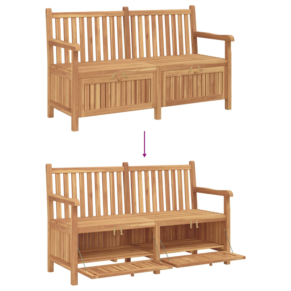 Gartenbank aus Holz mit Stauraum. Oben geschlossener Stauraum, unten offener Stauraum mit Regalen.