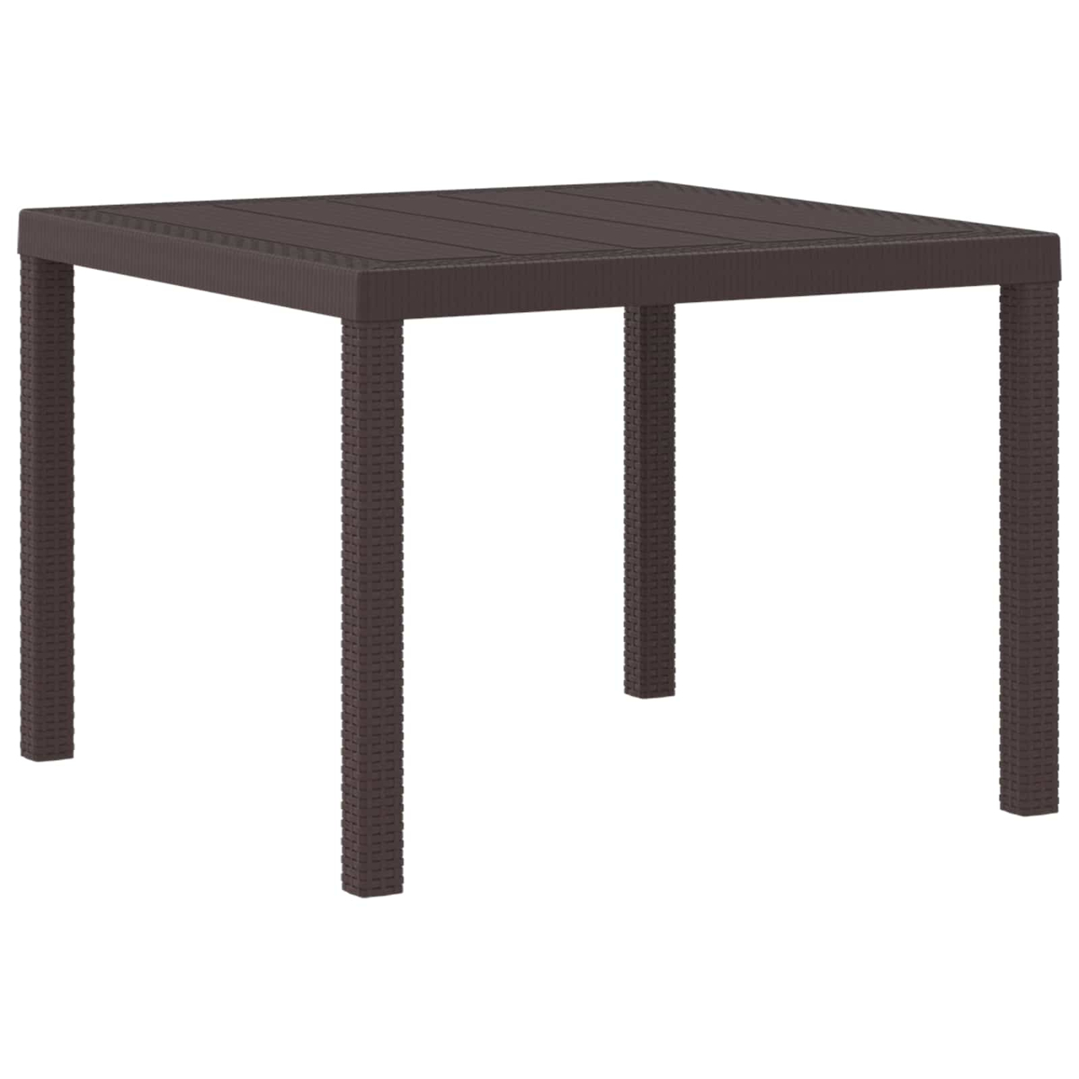 Ein brauner quadratischer Tisch mit vier Beinen. Der Tisch hat eine gewebte Textur auf der Oberseite und den Beinen. Der Hintergrund ist weiß.