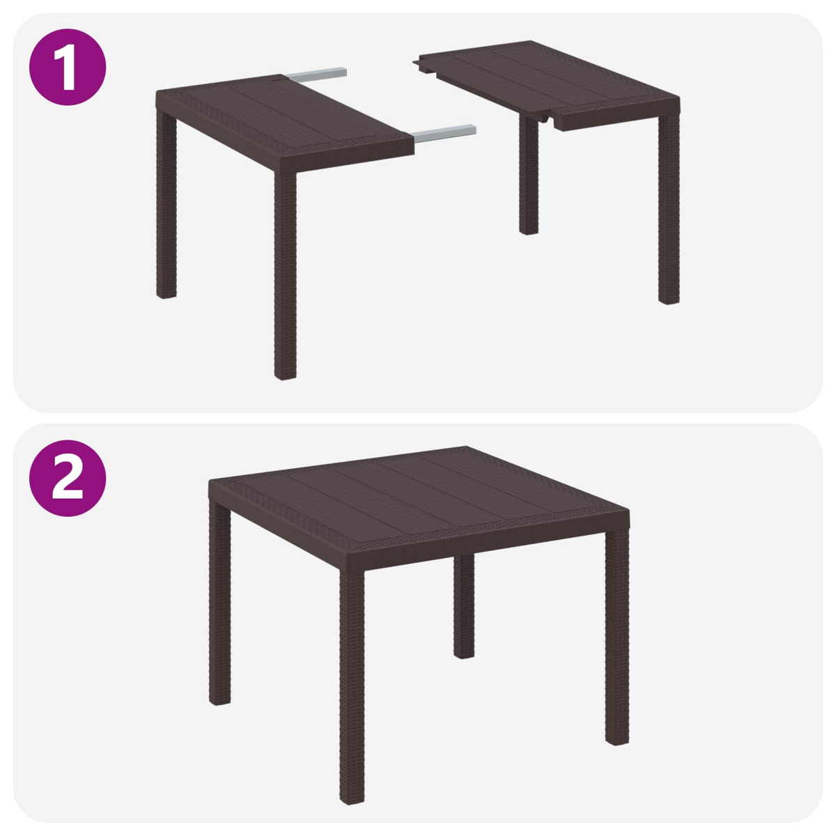 Zwei braune Tische. Einer ist ausgezogen und zeigt den Mechanismus. Der andere ist komplett montiert und quadratisch.