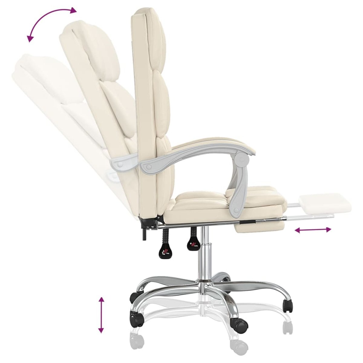 Ein cremefarbener ergonomischer Bürostuhl mit Fußstütze. Er hat silberne Arme und ein Chromgestell mit Rollen. Pfeile zeigen die Verstellbarkeit an.