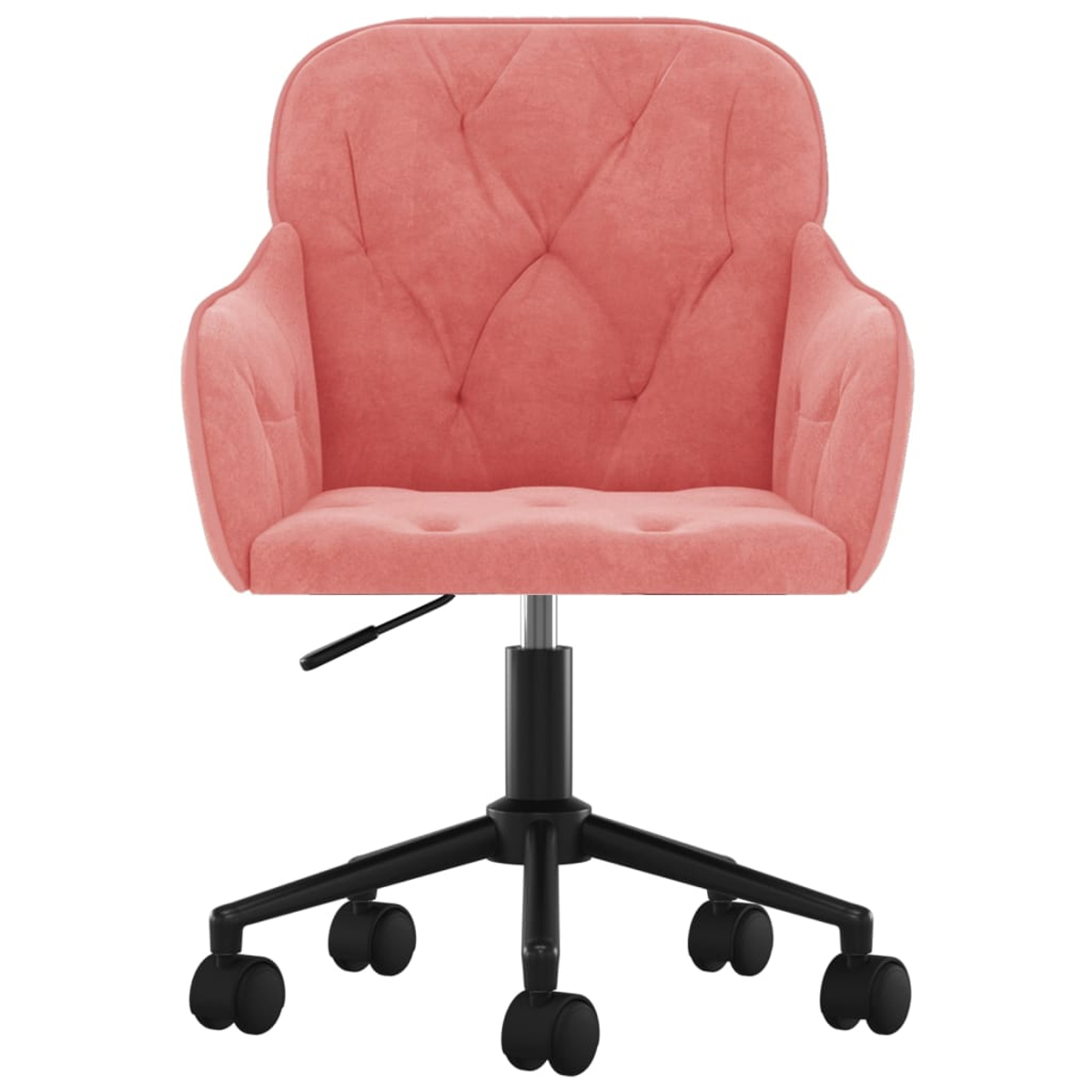 Ein rosa Bürostuhl mit schwarzem Gestell und Rollen. Der Stuhl hat eine getuftete Rückenlehne und Armlehnen.
