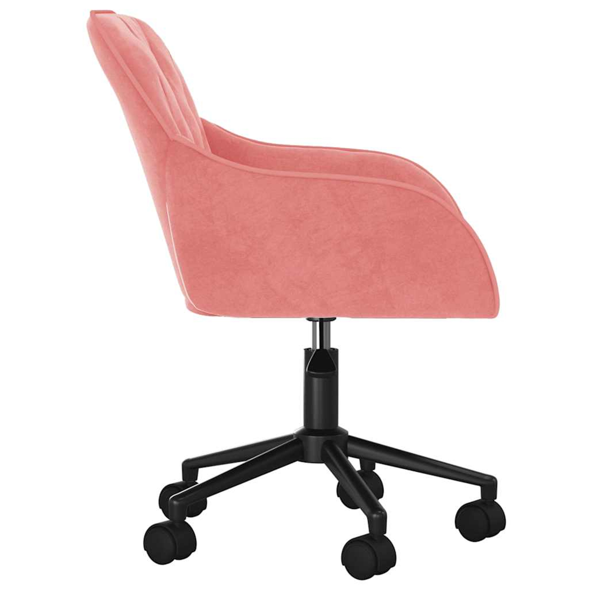 Ein rosa Samt-Bürostuhl. Er hat eine hohe Rückenlehne und Armlehnen. Das Gestell ist schwarz mit fünf Rollen.