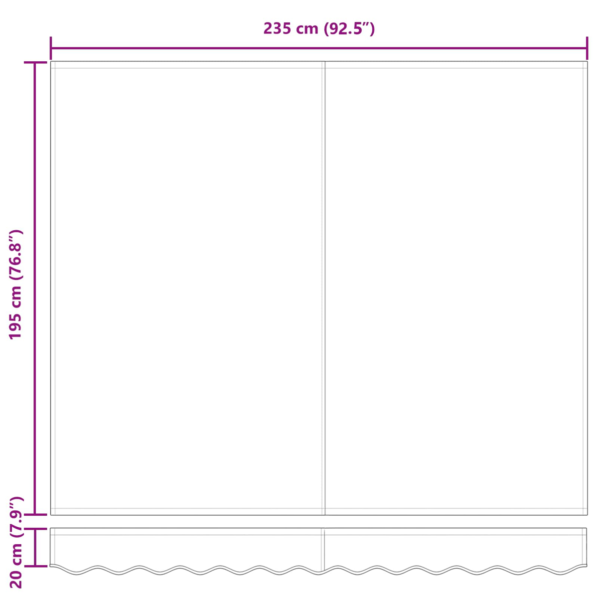 Ein Diagramm eines Schranks mit Maßen in cm und Zoll. Der Schrank ist weiß mit Sockel und hat zwei Türen.